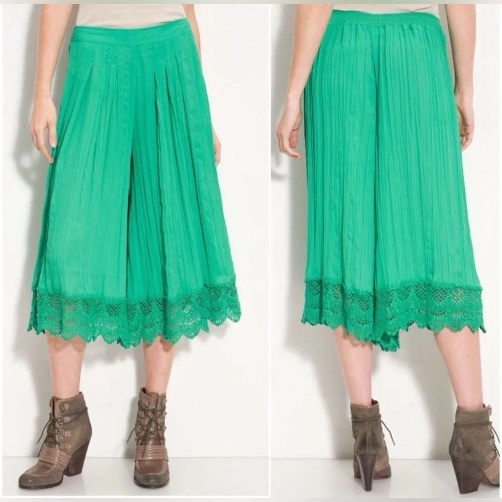 Free People Gaucho Jade Green Pleated Wide Leg Pants